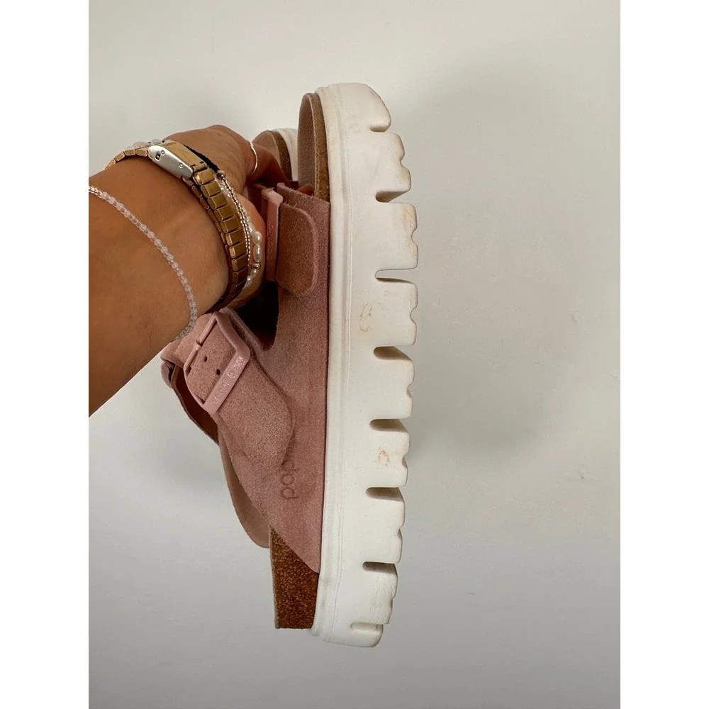 Papillio Birkenstock Arizona Sandals Women 38 Pink Suede Platform Lug Sole Slide